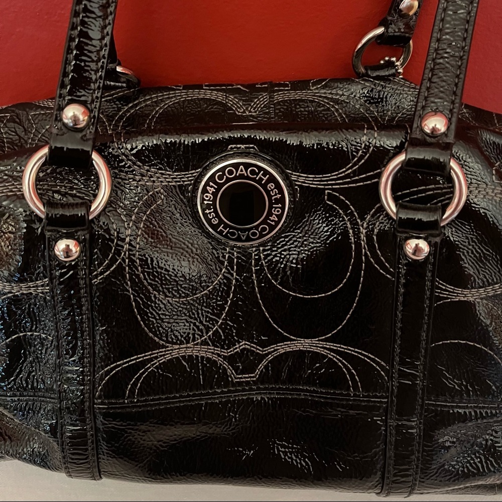 Coach small shoulder bag, black patent with white stitching